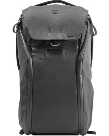 Front view of Peak Design Everyday Backpack 20L V2 in black with MagLatch flap and dual side zips.