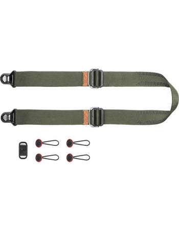 Peak Design Slide Lite Sage camera strap laid flat with four anchors and mounting hardware