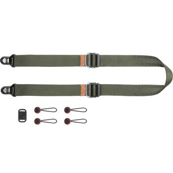 Peak Design Slide Lite Sage camera strap laid flat with four anchors and mounting hardware