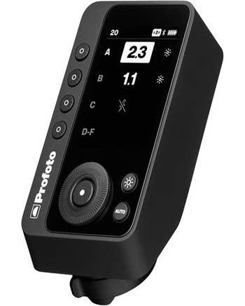 Profoto Connect Pro for Sony wireless flash trigger angled view with LCD screen and control dial