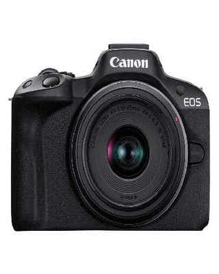 Front view of Canon EOS R50 mirrorless camera with RF-S 18-45mm f/4.5-6.3 kit lens