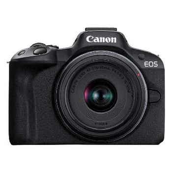 Front view of Canon EOS R50 mirrorless camera with RF-S 18-45mm f/4.5-6.3 kit lens