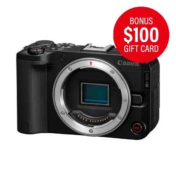 Canon EOS R50 V camera body only, angled front view showing APS-C sensor and controls