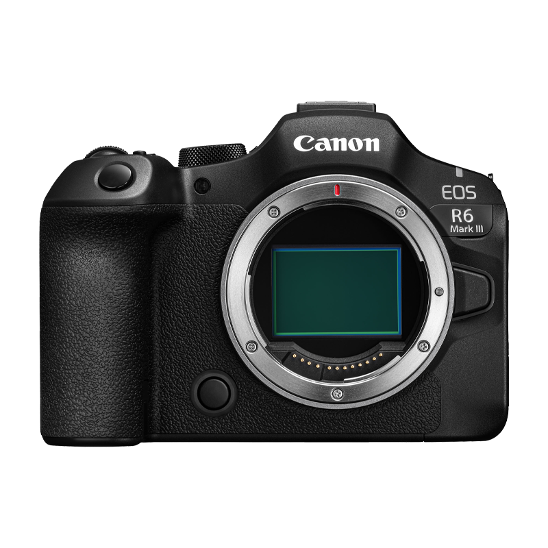 Canon EOS R6 Mark III mirrorless camera body only, front view showing full-frame sensor and lens mount