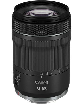 Front angled view of Canon RF 24-105mm f/4-7.1 IS STM zoom lens for EOS R cameras