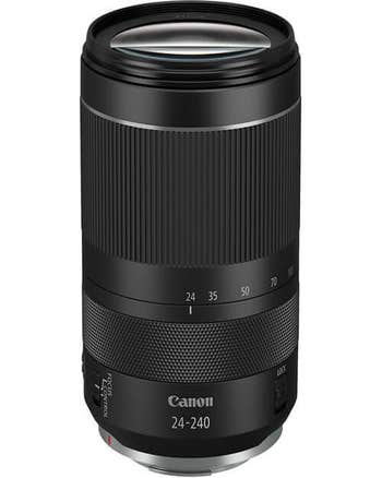 Canon RF 24-240mm f/4-6.3 IS USM zoom lens standing upright, showing zoom and control rings