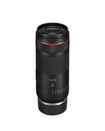 Canon RF 35mm f/1.4L VCM prime lens standing upright, showing aperture ring and red L-series ring
