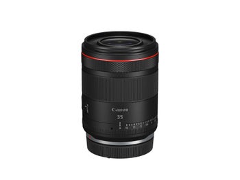 Canon RF 35mm f/1.4L VCM prime lens standing upright, showing aperture ring and red L-series ring