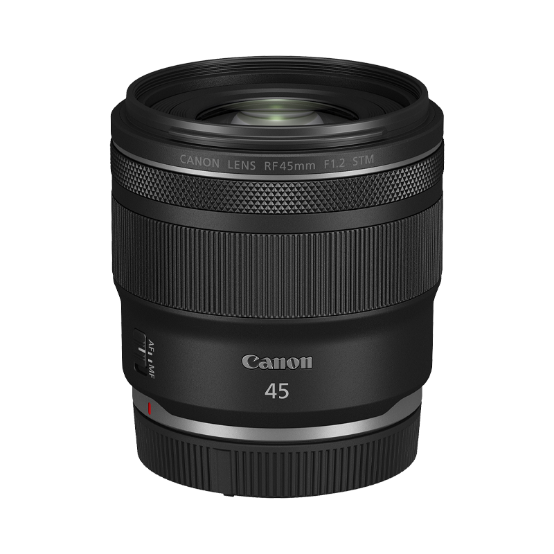 Canon RF 45mm f/1.2 STM lens, front view showing focus ring and AF/MF switch