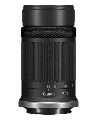 Canon RF-S 55-210mm f/5-7.1 IS STM telephoto zoom lens, front view on white background