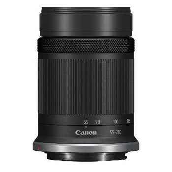 Canon RF-S 55-210mm f/5-7.1 IS STM telephoto zoom lens, front view on white background