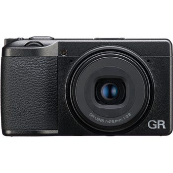 Front view of black Ricoh GR IIIx HDF digital camera showing fixed lens and textured grip