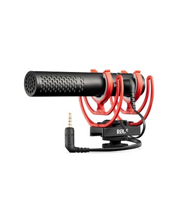 Rode VideoMic NTG on-camera shotgun microphone with red Rycote shock mount and 3.5mm cable