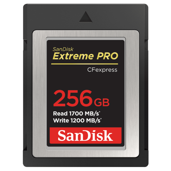 SanDisk 256GB Extreme PRO CFexpress Type B card, front view with 1700MB/s read and 1200MB/s write speeds