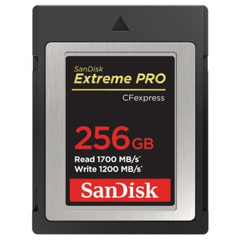 SanDisk 256GB Extreme PRO CFexpress Type B card, front view with 1700MB/s read and 1200MB/s write speeds