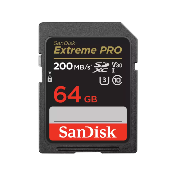 Sandisk Extreme Pro 64GB SDXC UHS-I memory card, 200MB/s, front label view on white background