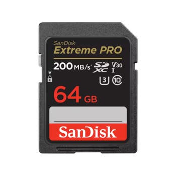 Sandisk Extreme Pro 64GB SDXC UHS-I memory card, 200MB/s, front label view on white background