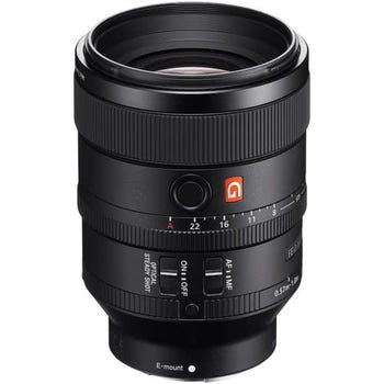 Sony FE 100mm f/2.8 STF GM OSS lens front angle showing aperture ring and control switches