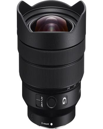 Sony FE 12-24mm f/4 G ultra-wide zoom lens with built-in hood, front angled view