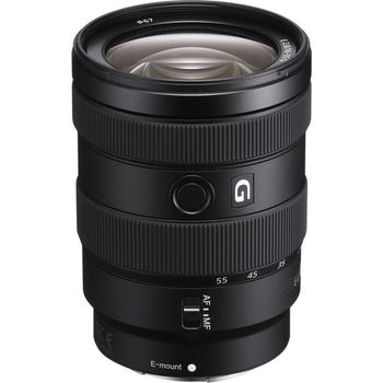 Sony E 16-55mm f/2.8 G APS-C zoom lens, front angled view showing glass and control rings