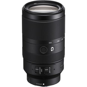 Sony E 70-350mm f/4.5-6.3 G OSS telephoto zoom lens, front angled product view