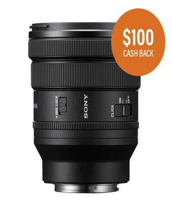 Sony FE 16-35mm f/4.0 PZ G Lens with control switches, shown with $100 cashback promo badge