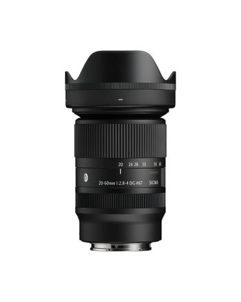 Sigma 20-60mm f/2.8-4 DG Contemporary Sony E-mount lens with hood, front view