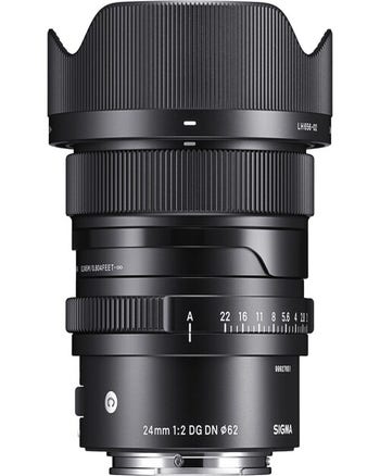 Sigma 24mm f/2 DG DN Contemporary lens for Sony E-mount, front view with lens hood attached