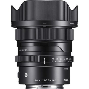 Sigma 24mm f/2 DG DN Contemporary lens for Sony E-mount, front view with lens hood attached