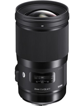 Sigma 28mm f/1.4 DG HSM Art Lens for Nikon F mount, front angled product view