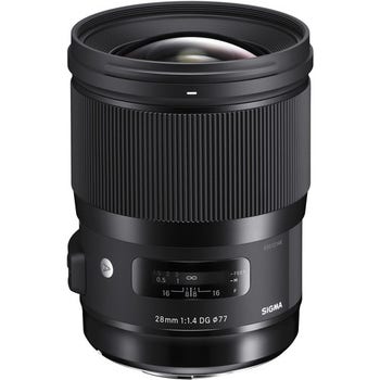 Sigma 28mm f/1.4 DG HSM Art Lens for Nikon F mount, front angled product view