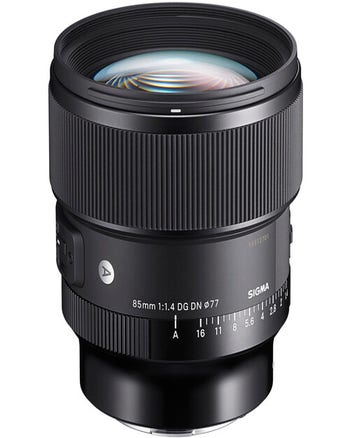 Sigma 85mm f/1.4 DG DN Art prime lens for Sony E-mount, angled view without hood