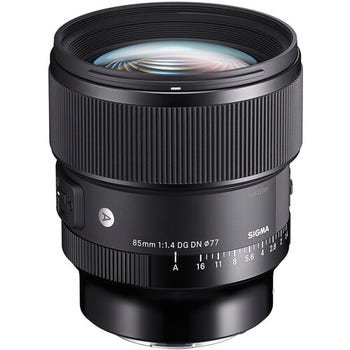 Sigma 85mm f/1.4 DG DN Art prime lens for Sony E-mount, angled view without hood