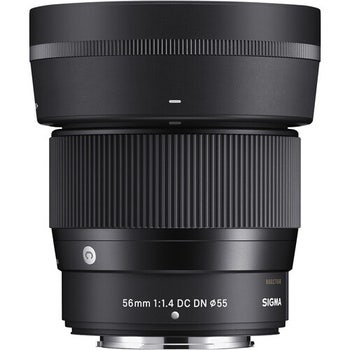 Sigma 56mm f/1.4 DC DN Contemporary lens for Fuji X-Mount with hood, front view on white background