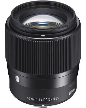 Sigma 56mm f/1.4 DC DN Contemporary lens for Micro Four Thirds, front angle showing glass and ribbed focus ring