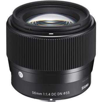 Sigma 56mm f/1.4 DC DN Contemporary lens for Micro Four Thirds, front angle showing glass and ribbed focus ring