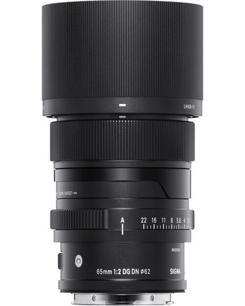 Sigma 65mm f/2 DG DN Contemporary L-Mount lens with hood, front view on white background
