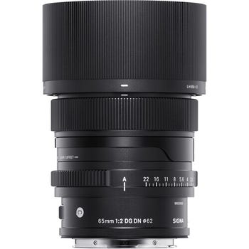 Sigma 65mm f/2 DG DN Contemporary L-Mount lens with hood, front view on white background