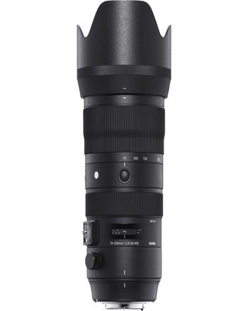 Sigma 70-200mm f/2.8 DG OS HSM Sports Lens for Nikon F with hood, front view on white background
