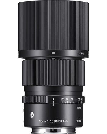 Sigma 90mm f/2.8 DG DN Contemporary lens for Sony E-mount with hood attached, front side view