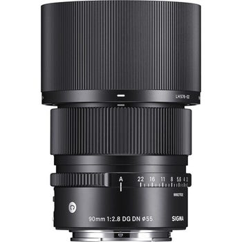 Sigma 90mm f/2.8 DG DN Contemporary lens for Sony E-mount with hood attached, front side view