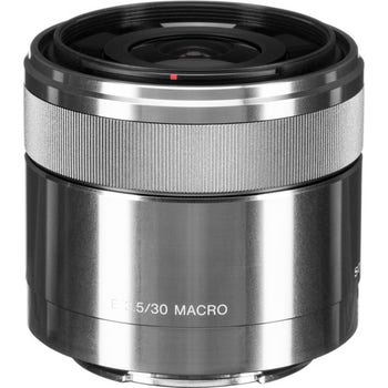 Front view of Sony E 30mm f/3.5 Macro lens for APS-C E-mount cameras, silver and black finish