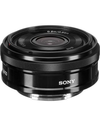 Sony E 20mm f/2.8 compact wide-angle pancake lens, front-side view showing slim black barrel.