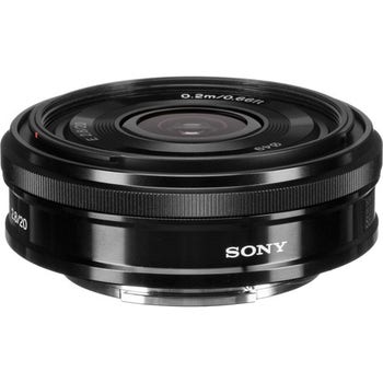 Sony E 20mm f/2.8 compact wide-angle pancake lens, front-side view showing slim black barrel.