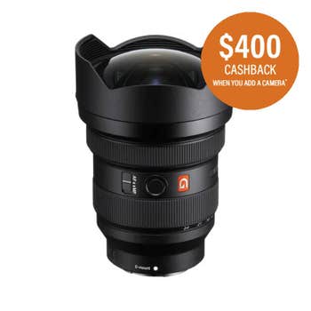 Front view of Sony FE 12-24mm f/2.8 GM ultra-wide zoom lens for Sony E-mount cameras