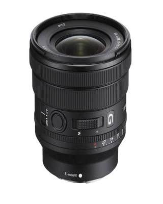 Angled view of Sony FE 16-35mm f/4.0 PZ G PowerZoom wide-angle zoom lens for Sony E-mount