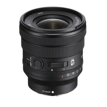Angled view of Sony FE 16-35mm f/4.0 PZ G PowerZoom wide-angle zoom lens for Sony E-mount
