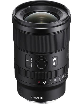 Angled product shot of Sony FE 20mm f/1.8 G wide angle lens for Sony E-mount cameras