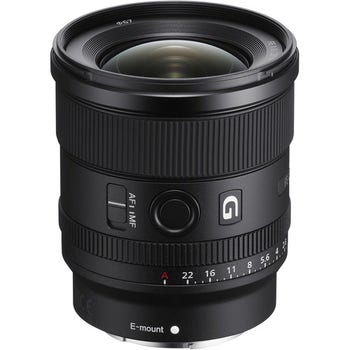 Angled product shot of Sony FE 20mm f/1.8 G wide angle lens for Sony E-mount cameras