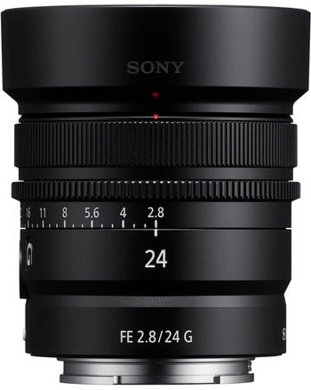 Front view of Sony FE 24mm f/2.8 G wide-angle prime lens for Sony E-mount cameras
